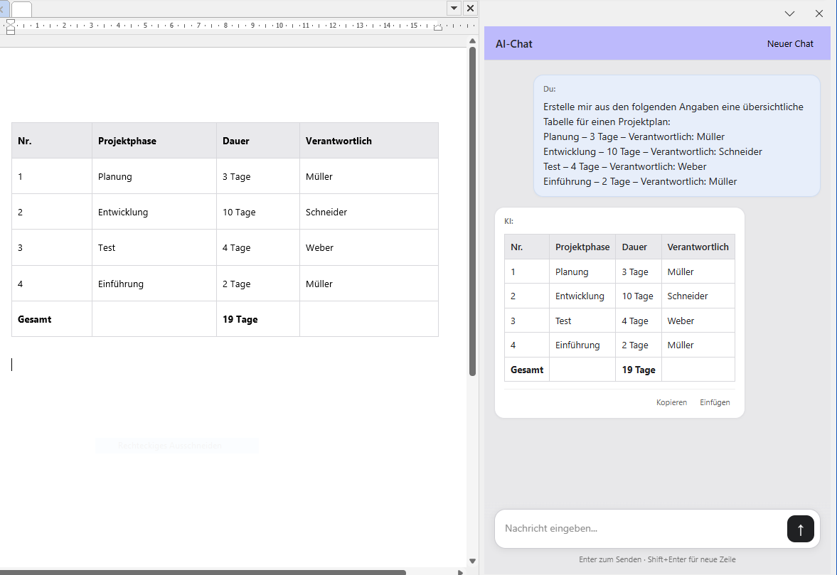 AI chat next to Word document with inserted table