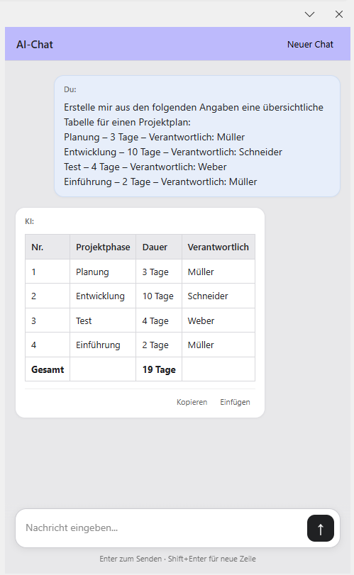 AI chat pane showing a structured project table