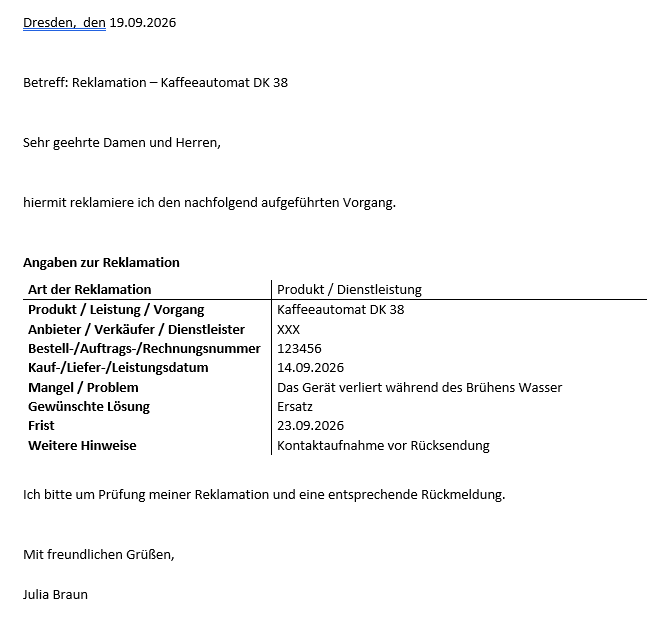 Erstelltes Schreiben in Word
